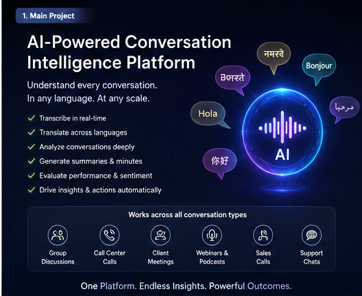 Vocalytic platform — understand every conversation in any language at any scale: transcribe, translate, analyze, summarize, evaluate; working across group discussions, call-center calls, client meetings, webinars, sales calls and support chats, in Urdu, English and beyond.
